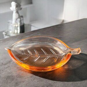 Vintage 1960s Leaf Trinket Dish Plate Pink Depression Glassware Decor Trinket